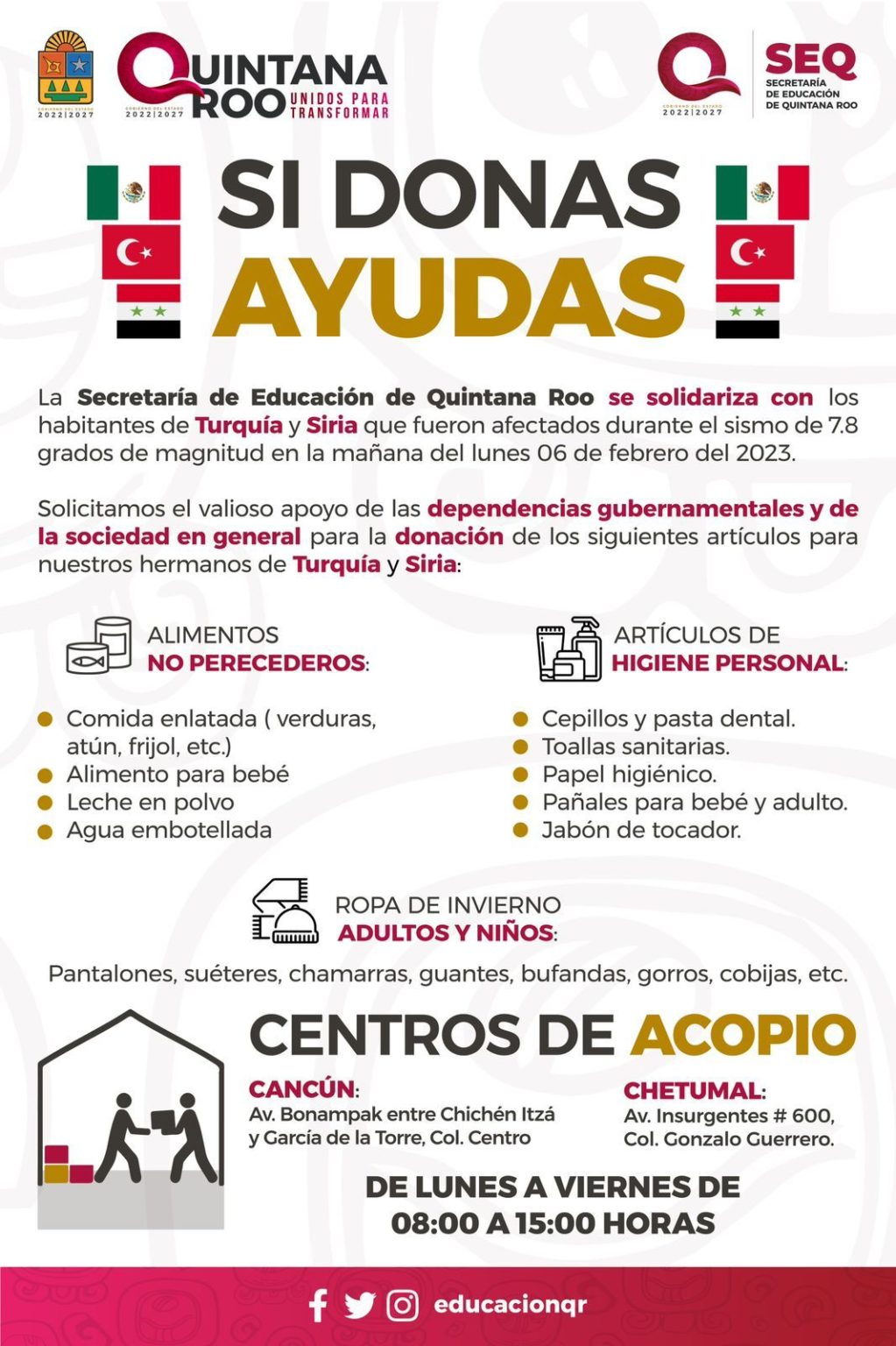 Abren centro de acopio en Cancún y Chetumal para enviar víveres a Turquía