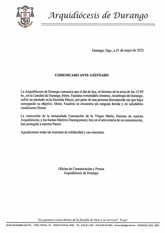 Atentan contra el arzobispo de Durango, Faustino Armendáriz Jiménez; se encuentra ileso - whatsapp-image-2023-05-21-at-210040-726x1024