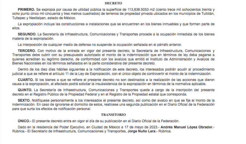 Publican decreto para expropiar terrenos para el tren del AIFA - decreto