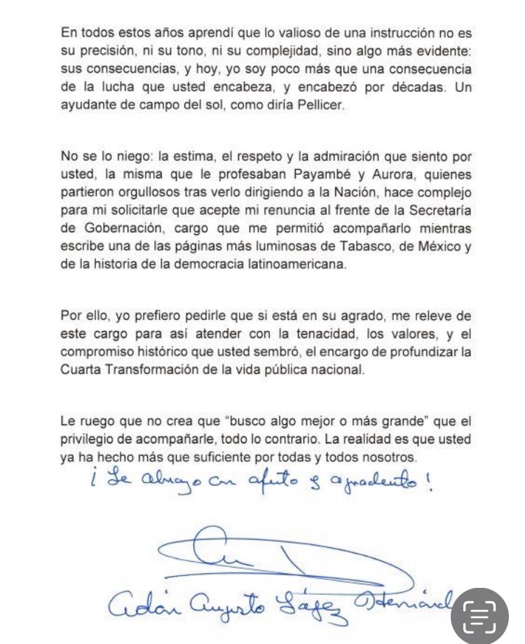 Adán Augusto López pidió en carta a AMLO ser relevado de la Segob para buscar candidatura presidencial - carta-de-aalh-a-amlo