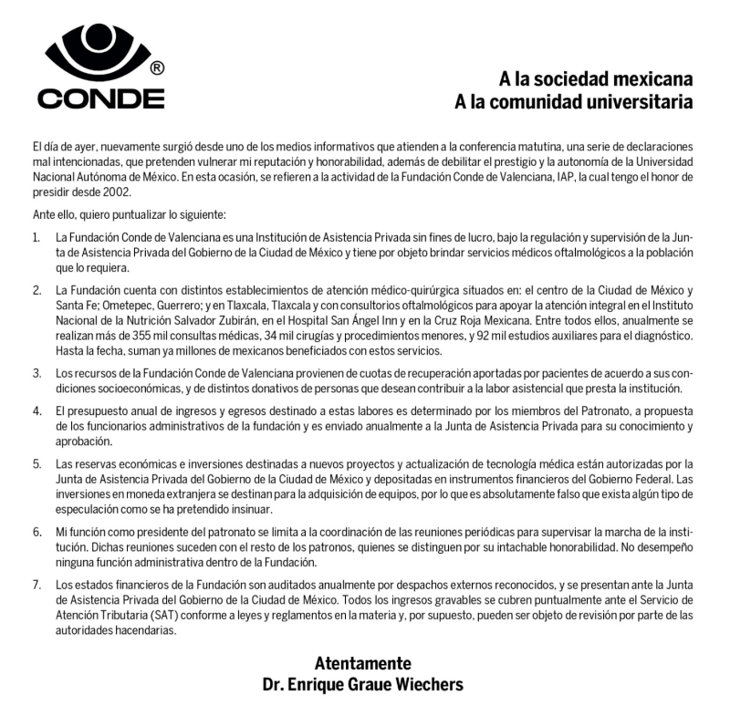 Responde Enrique Graue a señalamientos en su contra en conferencia matutina - comunicado-graue-1024x1005