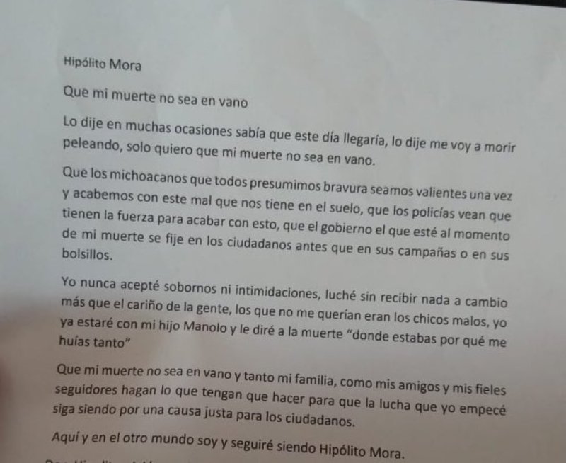 "Solo quiero que mi muerte no sea en vano", dice Hipólito Mora en carta póstuma - carta-de-hipolito-mora