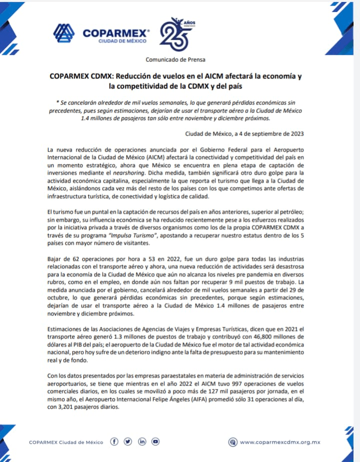 Reducción de operaciones en AICM afectará la competitividad en CDMX y el país, sostiene Coparmex - coparmex-aicm