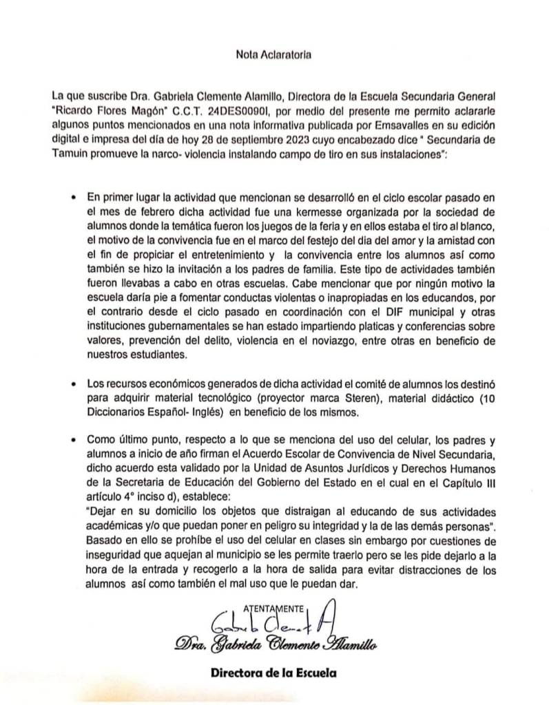 Suspenden a directora por campo de tiro en secundaria de SLP - comunicado-directora-secundaria-slp-797x1024