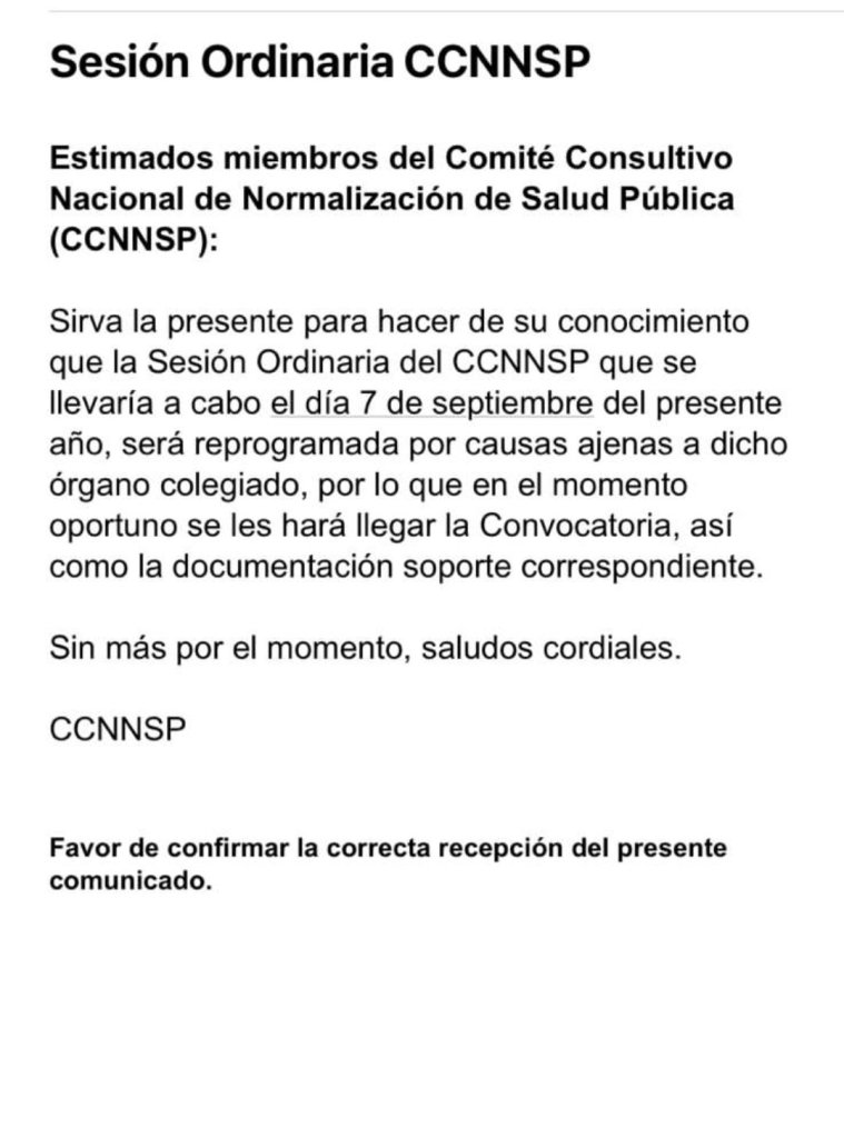 Suspenden sesión ordinaria de Comité Consultivo de Salud Pública - cancelacion-de-la-sesion-ordinaria-del-ccnnsp-759x1024