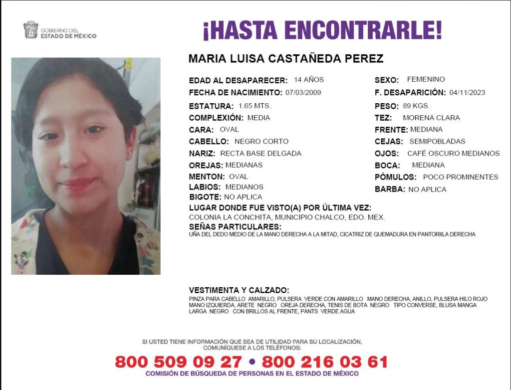 Bloquean autopista México-Puebla para exigir localización de María Luisa, de 14 años - maria-luisa-castaneda-perez-chalco-desaparicion-2-1024x782