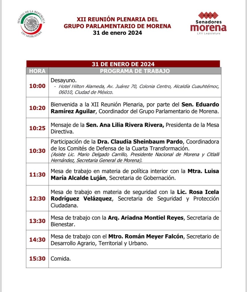 Bancada de Morena en el Senado revela programa para plenaria del 31 de enero - morena-plenaria-3101-867x1024