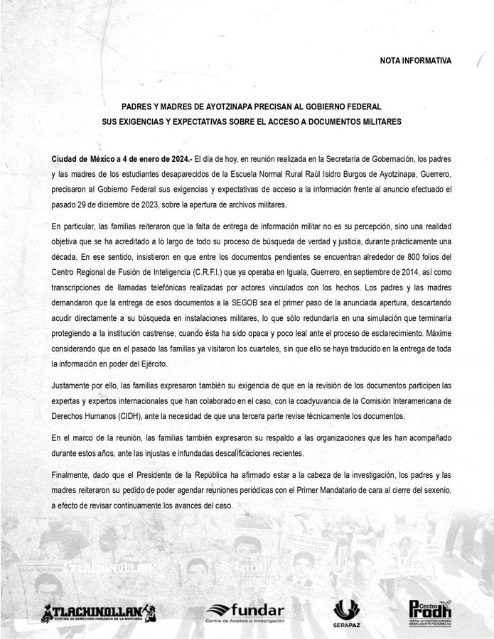 Padres de Ayotzinapa piden que expertos internacionales revisen documentos militares - carta-de-padres-de-ayotzinapa