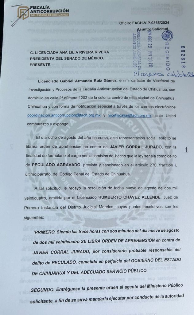 Notifican al Senado orden de aprehensión contra Javier Corral - notificacion-de-orden-de-aprehension-contra-javier-corral-632x1024