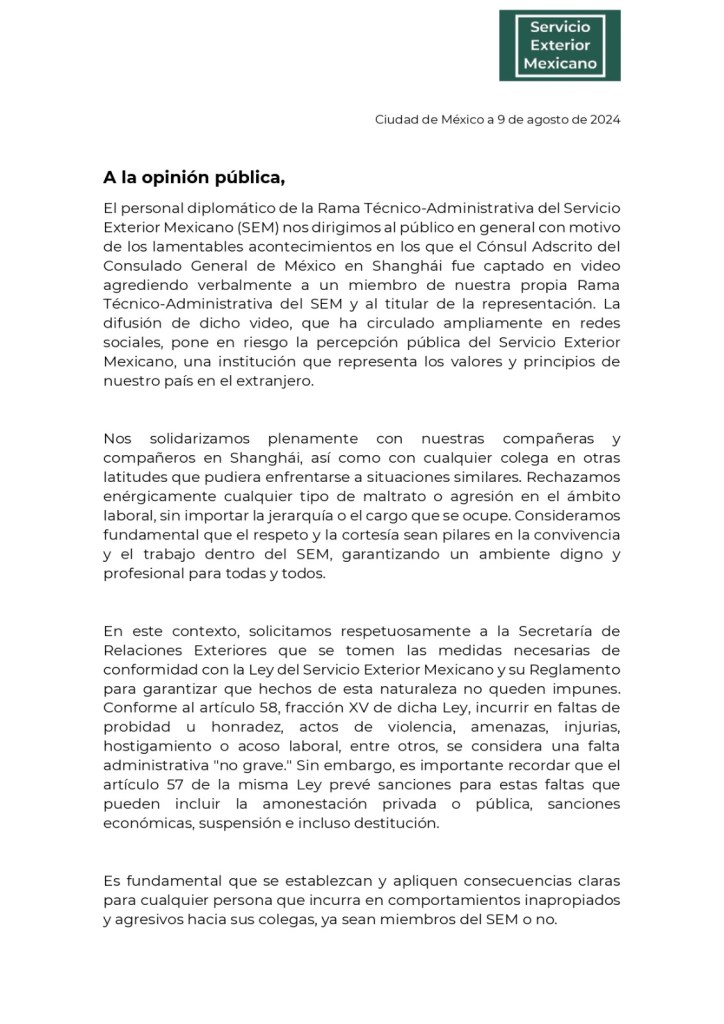 SRE releva de sus funciones a cónsul adscrito en Shanghái que insultó a colaboradores - comunicado-sem-724x1024