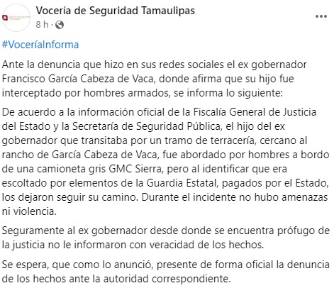 "No hubo amenazas ni violencia", dice Seguridad Tamaulipas sobre incidente de hijo de García Cabeza de Vaca - comunicado-sobre-incidente-con-hijo-de-garcia-cabeza-de-vaca