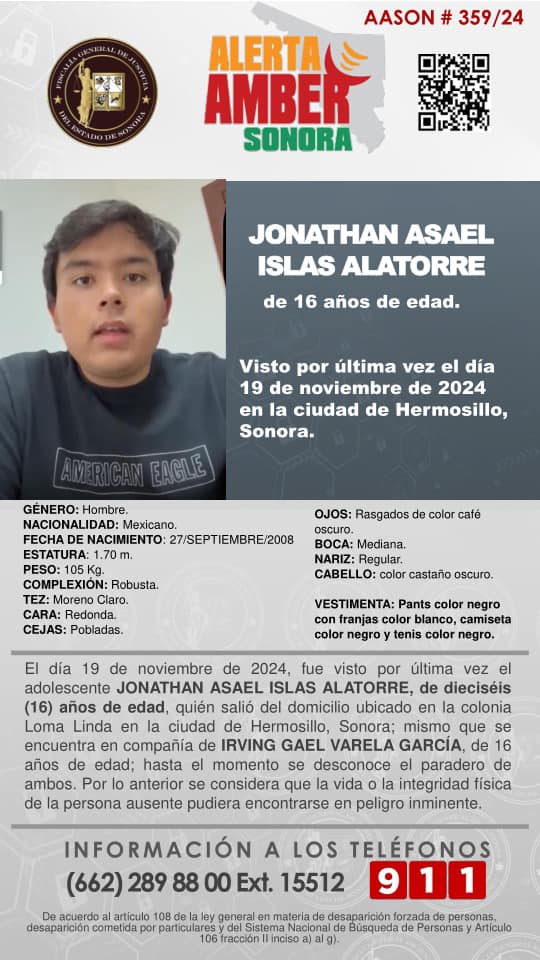 Localizan a joven campeón nacional de boliche en Hermosillo; su amigo sigue desaparecido - alerta-amber-de-jonathan-azael