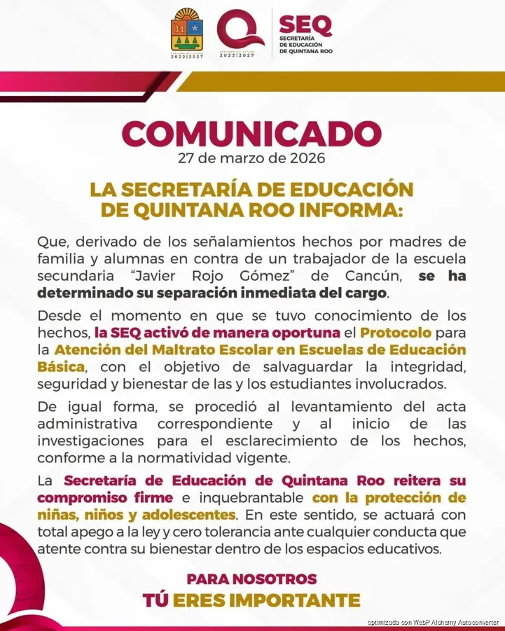 Separan a prefecto de secundaria en Cancún, tras señalamientos de sus alumnos