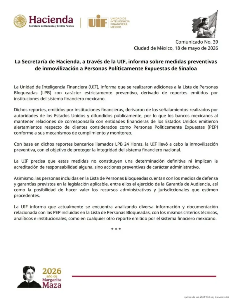 Confirma Sheinbaum congelamiento de cuentas de Rocha Moya y nueve más acusados de narcotráfico