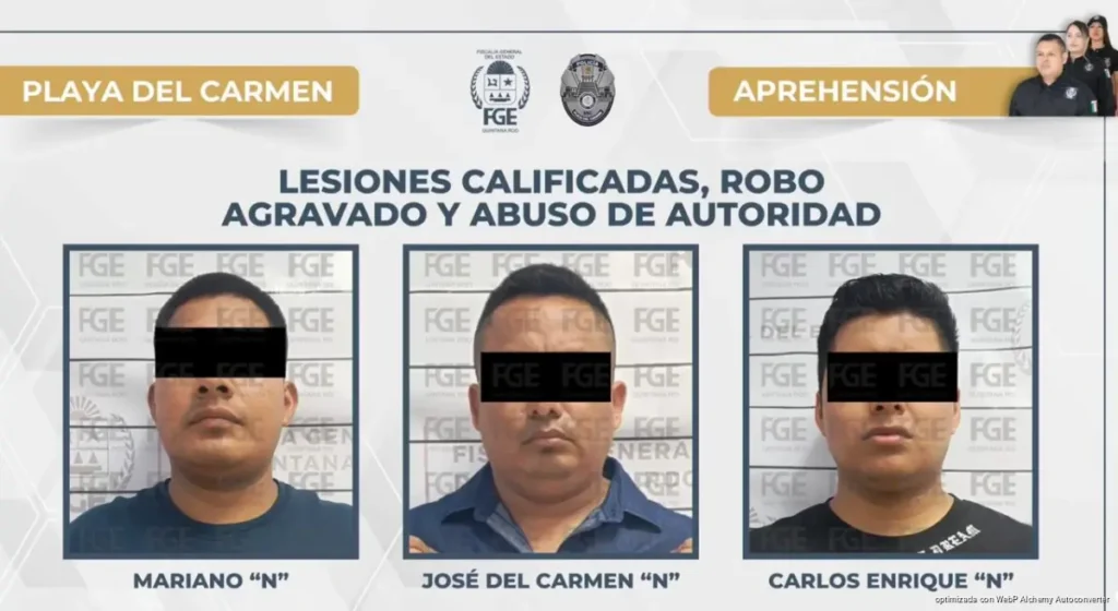 Detienen a tres policías municipales de Playa del Carmen por presunto abuso de autoridad y robo Detienen a tres policías municipales de Playa del Carmen por presunto abuso de autoridad y robo