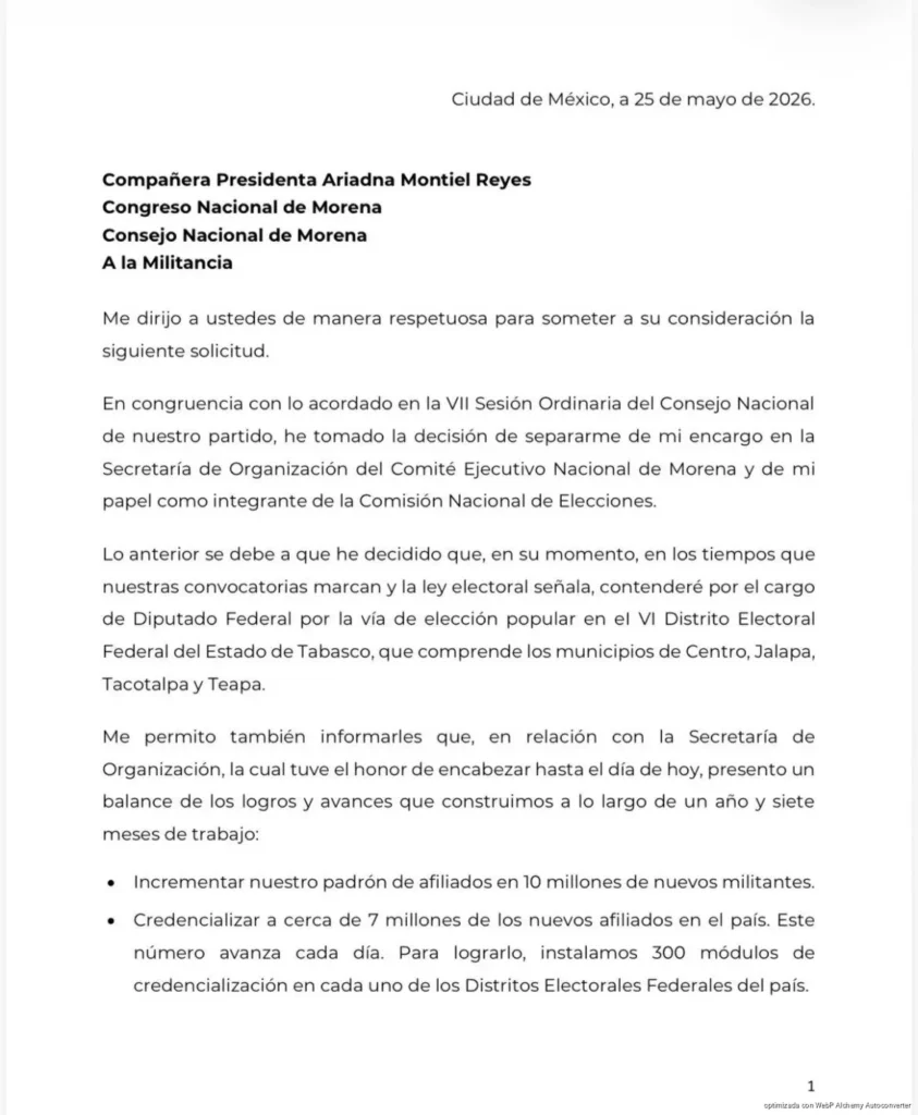 Andrés Manuel López Beltrán deja Secretaría de Organización de Morena