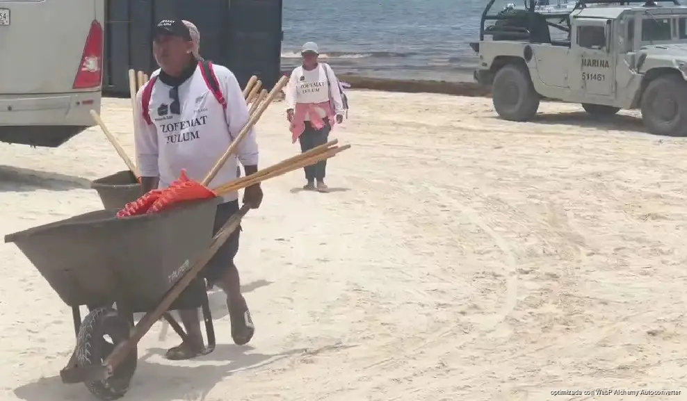 Marina refuerza limpieza de sargazo en costas de Tulum Marina refuerza limpieza de sargazo en costas de Tulum