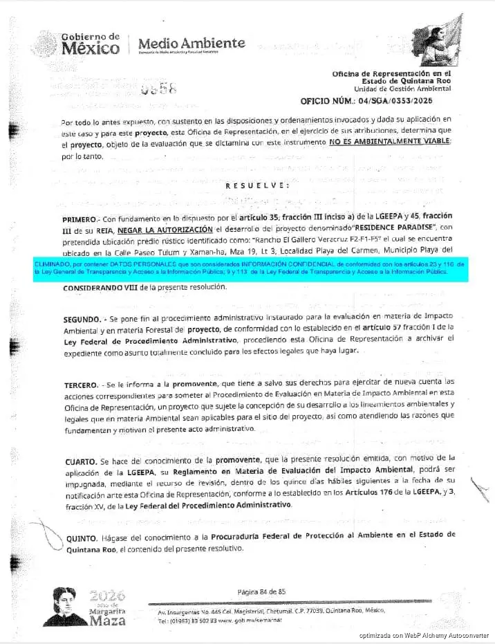 Semarnat rechaza proyecto inmobiliario en Playa Paraíso por inviabilidad ambiental