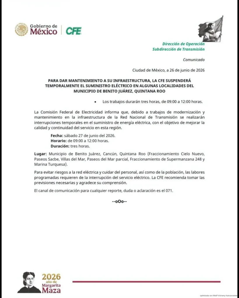 Suspenderá CFE suministro eléctrico en zonas de Cancún por mantenimiento