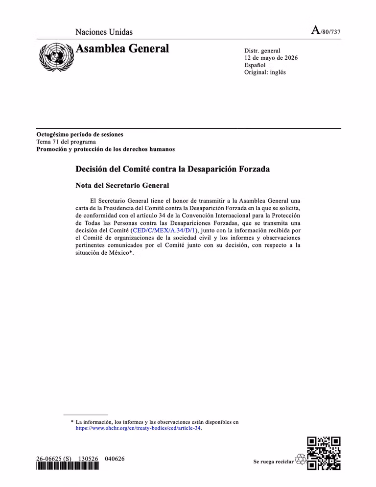 ONU lleva a la Asamblea General revisión sobre desapariciones y crisis forense en México