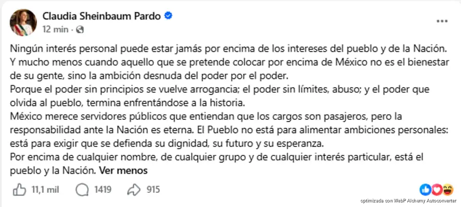 Sheinbaum cuestiona ambiciones personales tras regreso de Rocha Moya a Sinaloa