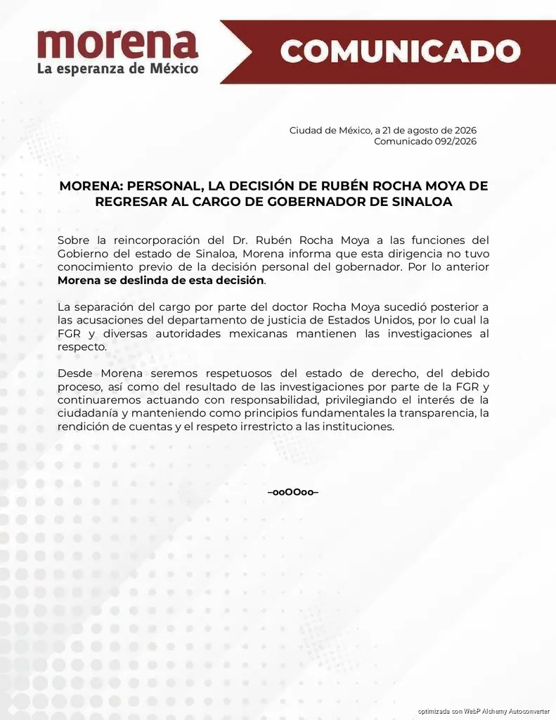 Rocha Moya regresa a Sinaloa y Morena se deslinda mientras siguen abiertas investigaciones de la FGR
