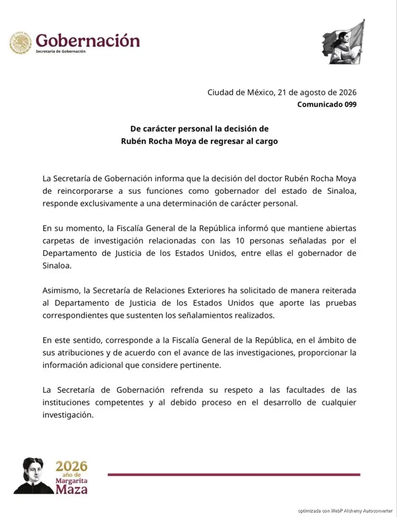 Rocha Moya regresa a Sinaloa y Morena se deslinda mientras siguen abiertas investigaciones de la FGR